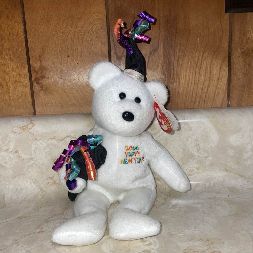 TY Beanie Baby Happy NEW YEAR Bear 2006‎ White Bear With Party Favors Ribbons
